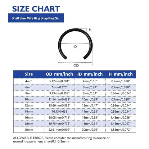 Size chart for 180 Pcs Snap Ring Set For Holes 4 To 20 Mm In 65Mn Spring Steel Phosphated Surface Retaining Rings