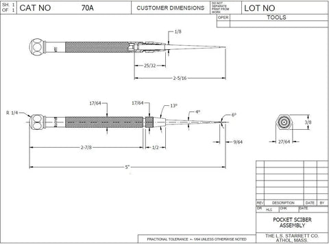 Technical drawing of Replacement Point For 70A Scriber with dimensions and knurled nickel handle, 2 3/8 inch point, steel build.