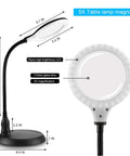 5X Magnifying Lamp With LED Light And Flexible Gooseneck USB Powered, dimensions and features labeled, ideal for detail work
