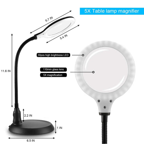 5X Magnifying Lamp With LED Light And Flexible Gooseneck USB Powered, dimensions and features labeled, ideal for detail work