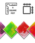 12 Inch Multi Colored Liquid Tiles 6 Pack For Playrooms And Classrooms Interactive Gel Floor Tiles That Move With Every Step Totally Fun For Parties Studios And Decor, showing six colorful square tiles with size and color options.
