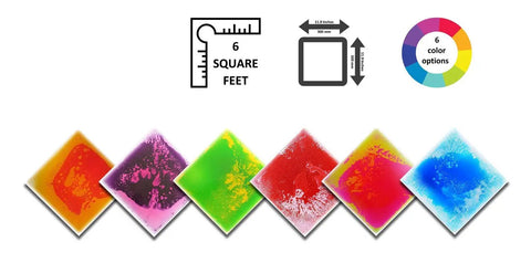 12 Inch Multi Colored Liquid Tiles 6 Pack For Playrooms And Classrooms Interactive Gel Floor Tiles That Move With Every Step Totally Fun For Parties Studios And Decor, showing six colorful square tiles with size and color options.