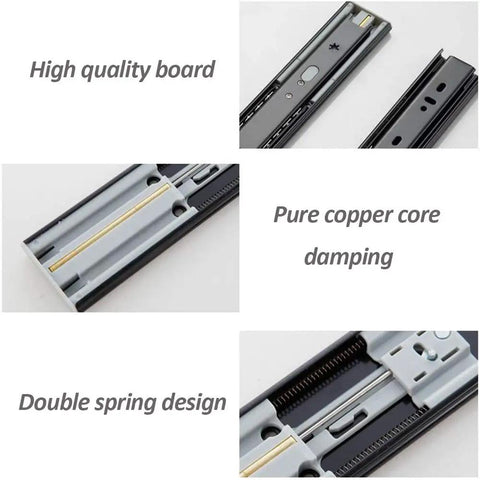 Soft Close Three-Section Drawer Slides With Ball Bearing Runners Black Cabinet Drawer Rails For Furniture Smooth Glide No Slam Heavy Duty Track 50cm 20in Length, showing detailed close-up of metal components and markings.