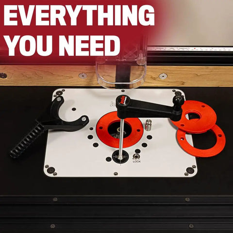 Rout-R-Lift 3 5XT Router Lift System with phenolic top plate and twist lock inserts shown on a workbench.