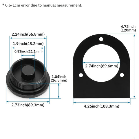 Dimensions diagram of Remote Fuel Tank Filler Neck Straight with Billet Aluminum Gas Cap and Weld On Steel Bracket Black.