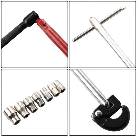 Heavy Duty Carbon Steel Faucet Wrench Set With Knuckle Savers Handles For No Sweat Sink Pulling And Stubborn Fixture Jobs, showing wrenches and attachments.