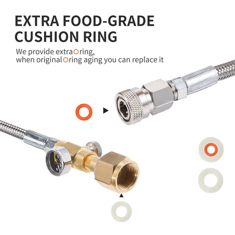 Universal CO2 Tank Adapter For Soda Makers With 60 Inch Stainless Steel Hose Pressure Gauge And Exhaust Valve CGA320 To TR21 Four Connector and extra cushion rings