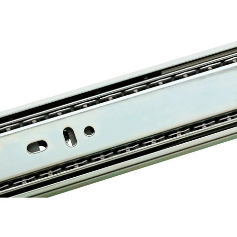 Close-up of 22 Inch Ball Bearing Drawer Slides Full Extension With Zinc Plated Stamped Steel Build Heavy Duty Support Up To 100 Pounds