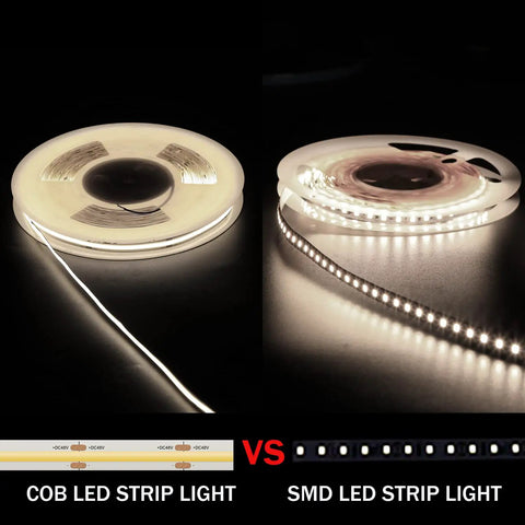 Comparison display of COB vs SMD LED strip. LED Strip Lights 65.6Ft 20m 4000K White With 504 LEDs Per Meter Dope Brightness 90+CRI.