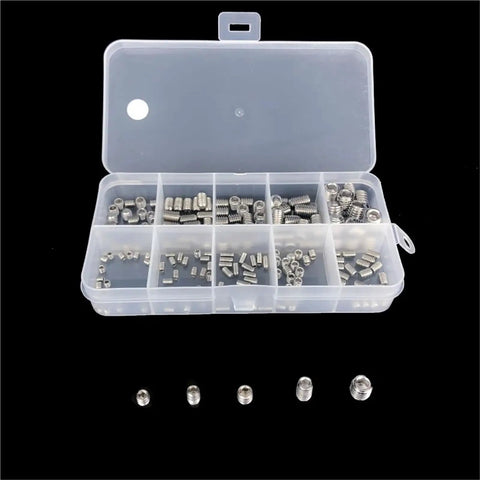 Metric Hex Socket Head and Headless Screws Assortment Kit With Internal Cup Point Set in open box, durable stainless steel