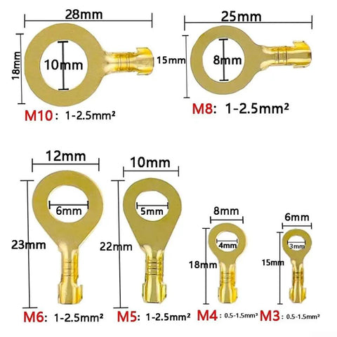 Heavy Duty Brass Insulated Crimp Ring Terminals Spade Connectors 150 Pieces Electrical Wire Connector Kit M3 M10 sizes
