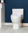 Top Shelf Elongated Bidet Toilet Seat In Crisp White With An Ultra Low Profile Setup displayed in a modern bathroom setting.