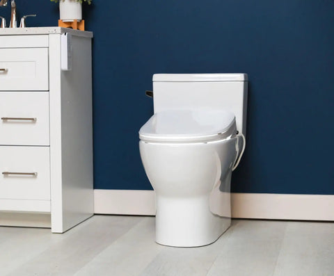 Top Shelf Elongated Bidet Toilet Seat In Crisp White With An Ultra Low Profile Setup displayed in a modern bathroom setting.