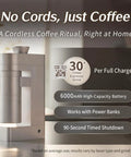 Heavy Duty Premium Electric Burr Coffee Grinder With Rock Solid 48mm Calibration For Epic Espresso Pulls And Fresh Morning Brews In Classic Champagne Gold Finish, showing cordless design and battery specs.