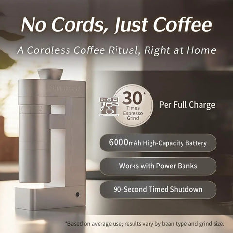 Heavy Duty Premium Electric Burr Coffee Grinder With Rock Solid 48mm Calibration For Epic Espresso Pulls And Fresh Morning Brews In Classic Champagne Gold Finish, showing cordless design and battery specs.