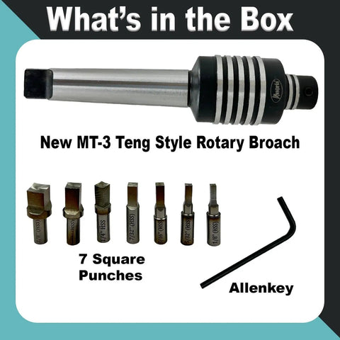 MT3 Teng Style Rotary Broach Holder with 7-piece square broach set and Allen key, displayed in a box layout