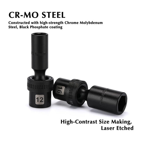 Three Eighths Inch Drive Deep Universal Impact Socket Set 6 Point Metric Chrome Molybdenum Steel With Black Phosphate Coating Beefy Swivel Design showcasing 12mm and 16mm sizes
