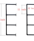 Industrial Iron Pipe Shelf Kit Four Tier Wall Mount Open Shelves Black For Home Office Kitchen 42 Inches Tall 12 Inches Deep Three Quarter Inch Pipe DIY Shelving Brackets Hardware Included, shown in black iron with dimensions highlighted.