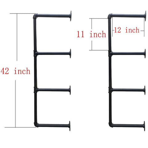 Industrial Iron Pipe Shelf Kit Four Tier Wall Mount Open Shelves Black For Home Office Kitchen 42 Inches Tall 12 Inches Deep Three Quarter Inch Pipe DIY Shelving Brackets Hardware Included, shown in black iron with dimensions highlighted.