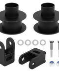 Front Leveling Kit For 2005 To 2024 Ford F250 And F350 Super Duty 4WD Trucks with black steel lift spacers and hardware.