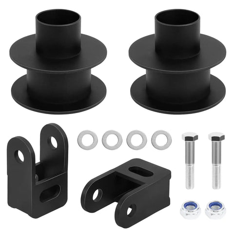 Front Leveling Kit For 2005 To 2024 Ford F250 And F350 Super Duty 4WD Trucks with black steel lift spacers and hardware.