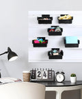 Six Piece Slatwall Bins With Hooks Set For Wall Mounted Organization in garage workshop office with black storage bins on slatwall.