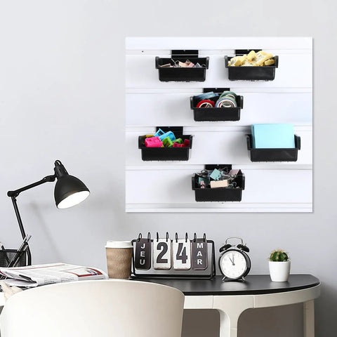 Six Piece Slatwall Bins With Hooks Set For Wall Mounted Organization in garage workshop office with black storage bins on slatwall.