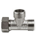 Heavy Duty Half Inch Brass T Adapter Valve Easy Peasy Bidet Sprayer And Shower Hose Splitter Diverter Fixture close-up view.