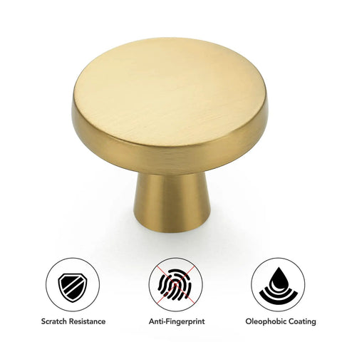 Close-up of a brushed gold knob with anti-fingerprint, scratch resistance, and oleophobic coating features, 30 Pack Solid Kitchen Cabinet Round Knobs And Dresser Pulls Gold Brushed Brass Cupboard Hardware For Doors And Drawers One And One Quarter Inch Top Diameter Beefy Heavy Duty Build For Long Lasting Use