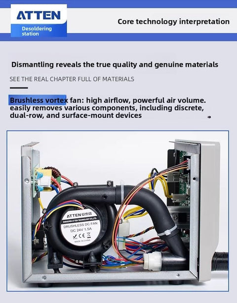 Internal view of Pro Grade Hot Air Rework Station 1000W with brushless vortex fan and components for BGA rework.