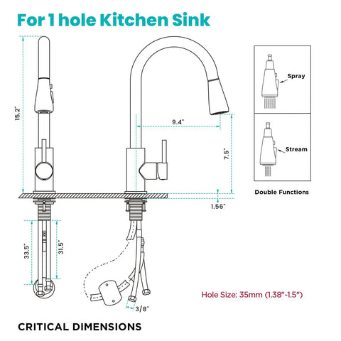 Slick Matte Black Kitchen Faucet With Pull Down Spray And Smooth Single Handle Control Built Like A Brick House With Solid 304 Stainless Steel Absolutely No Sweat Leak Proof Performance Everywhere diagram with dimensions for 1 hole kitchen sink.