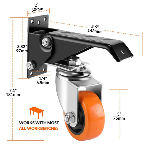 3 Inch Retractable Caster Wheels Set Of 4 Heavy Duty 800 Lb Capacity No Noise Polyurethane Swivel Casters side-view dimensions