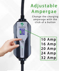 Close-up of Beefy Level 2 EV Charger With Adjustable Amperage From 10A To 32A, 30Ft Cable, featuring a hand adjusting settings.