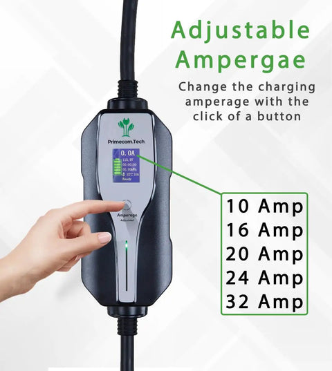 Level 2 Electric Vehicle Charger With Adjustable 10 To 32 Amperage Range 50 Foot Heavy Duty Cord Smart Digital Screen showing ampage options.
