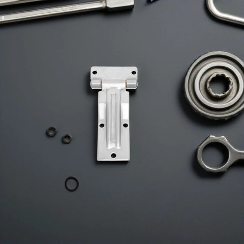 Heavy Duty Stainless Steel Trailer and Door Hinge With Silent Operation Triangle Hole Spacing 58x41mm Ideal for Harsh Outdoor and Coastal Environments Quiet Marine Grade Hinge for Dump Trailers and Containers; stainless hinge flat lay