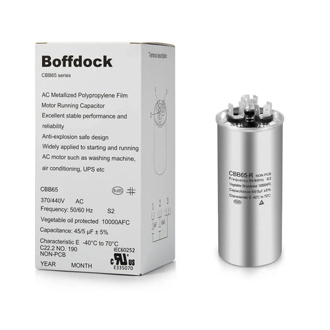 45 Plus 5 MFD Dual Run Capacitor For Air Conditioner And Heat Pump, 370 440 VAC, shown with packaging box.