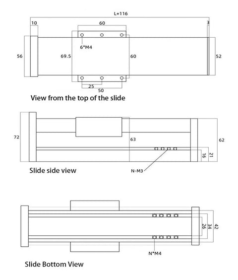 Heavy Duty Cnc Ball Screw Linear Guide Shaft Actuator Module Slide Table dimensions and views diagram for industrial use.