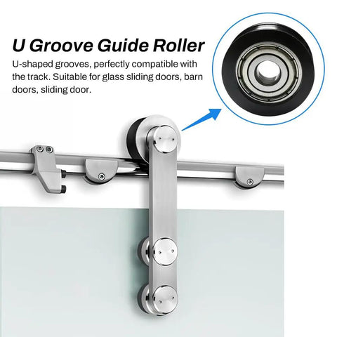Rock Solid Four Piece Heavy Duty U Groove Pulleys Featuring Durable Pom Plastic Rails And No Sweat Drawer Glide Action With Precision Ball Bearings For Cabinet Hardware close-up of u groove roller on track, silver metal with black wheels, for sliding doors.