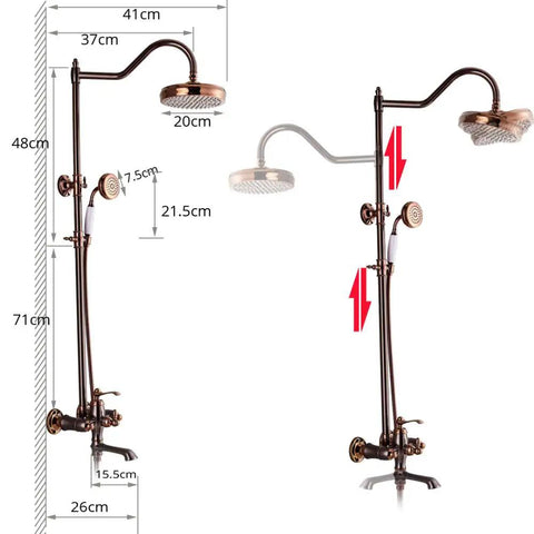 UMJIGF 8 Inch Rose Gold Shower System with Cold and Hot Water Shower Combo Set dimensions with floor-mounted features.