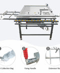 Heavy Duty Table Saw With Anti Chip Dust Filter And Precision Dual Blades For Butter Smooth Cuts Shop Grade Workbench Setup, showing a dust collection bag, fixing handle, and extension roller.