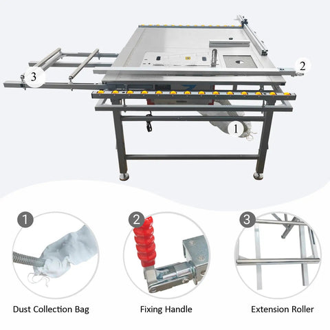 Heavy Duty Table Saw With Anti Chip Dust Filter And Precision Dual Blades For Butter Smooth Cuts Shop Grade Workbench Setup, showing a dust collection bag, fixing handle, and extension roller.