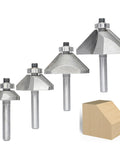 Solid Four Piece Forty Five Degree Chamfer Router Bit Set For Fine Woodworking With Quarter Inch Shank Premium Carbide Cutter, set of four bits.