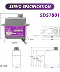 Image showing the dimensions and design of the SERVOMY SDS1801 Iteration TRX4 Servo - 8.5KG High Torque Coreless RC Servo.