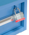 Lock on the drawer of Heavy Duty Shop Beast 72X30 Industrial Workbench With Storage Drawer And Upright Shelf, Blue 304 Stainless Steel Top.