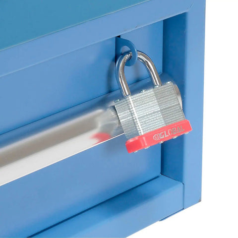 Lock on the drawer of Heavy Duty Shop Beast 72X30 Industrial Workbench With Storage Drawer And Upright Shelf, Blue 304 Stainless Steel Top.