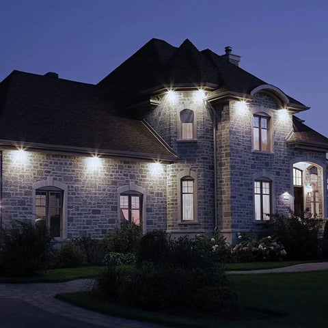 50W LED Flood Light Outdoor Super Bright 7000LM IP65 illuminating stone house with 180 Degree Knuckle for Patio Porch Garden