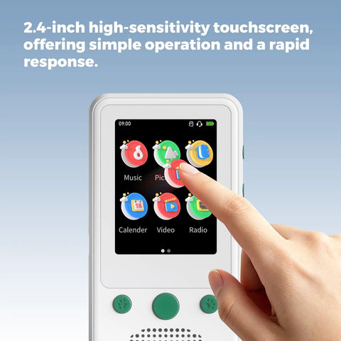 A5 Kids MP3 Player With Bluetooth And 2.4 Inch Touch Screen, No WiFi, shown in use with icons on screen.