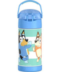 Kid Friendly Water Bottle With Straw, 12 Ounce Stainless Steel Vacuum Insulated Bottle Keeps Drinks Cold Up To 12 Hours, Blue with cartoon design