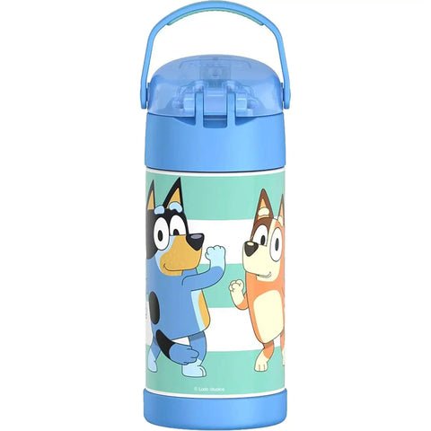 Kid Friendly Water Bottle With Straw, 12 Ounce Stainless Steel Vacuum Insulated Bottle Keeps Drinks Cold Up To 12 Hours, Blue with cartoon design