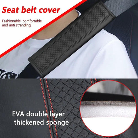 Universal Car Seat Belt Cover Pads Crafted From Breathable Leather With Thick Soft Sponge Padding, detailed view on seat.
